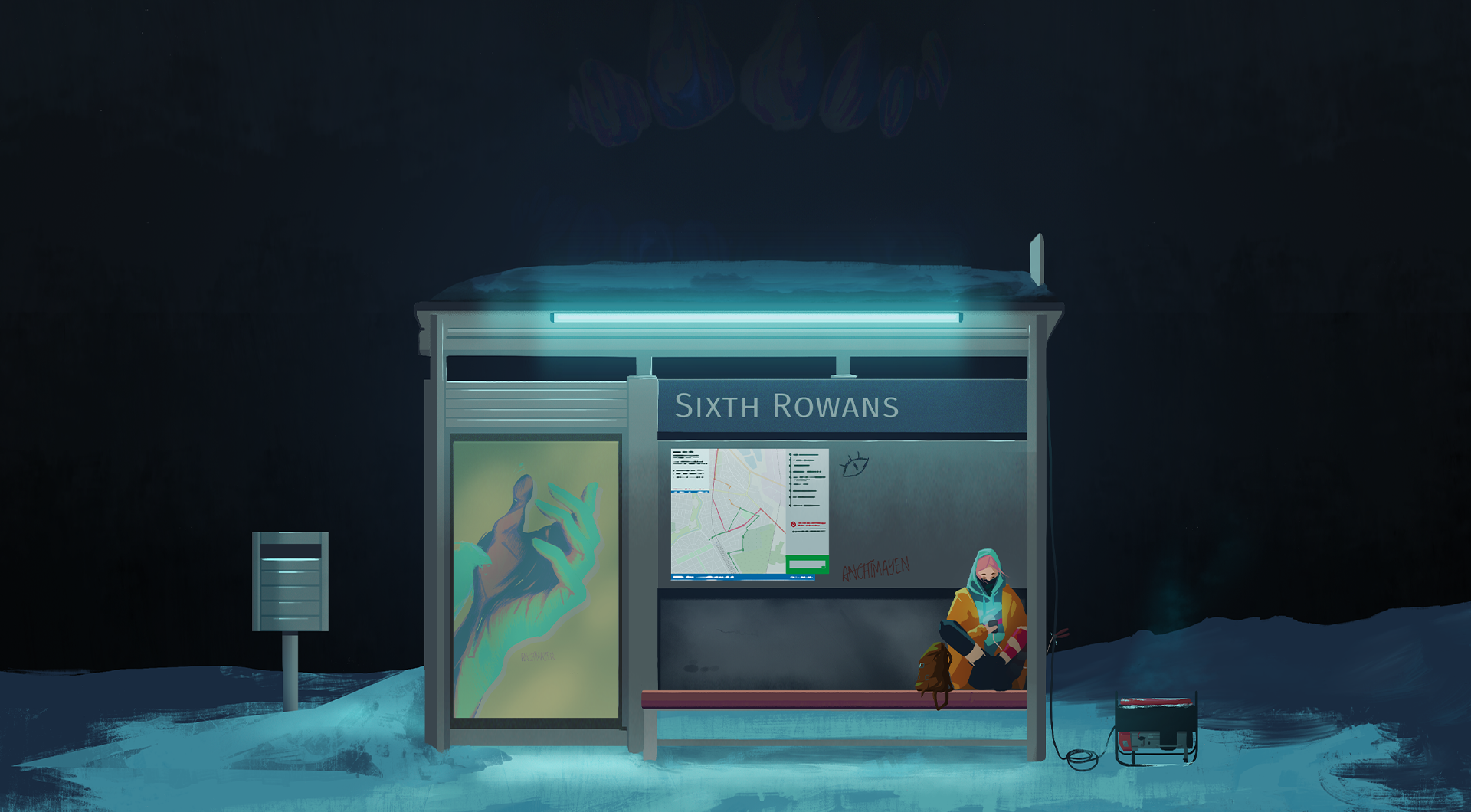 An illustration of a girl with pastel pink hair in a very baggy hoodie and coat. The coat has several different patterns on it. She wears pants with two different color palettes, the left is dark with a tan bottom, the other leg has red white stripes.