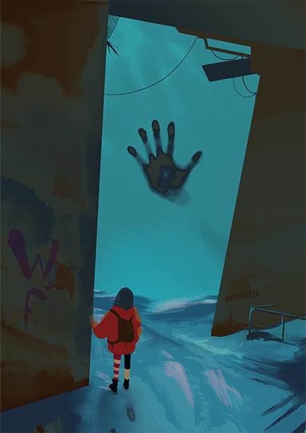 An illustration of a foggy city looking out from under a viaduct. A character with a bright orange coat is peaking at a giant hand coming from the fog, looking like it's pressing against something.