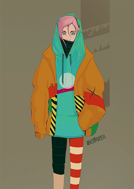 An illustration of a girl with pastel pink hair in a very baggy hoodie and coat. The coat has several different patterns on it. She wears pants with two different color palettes, the left is dark with a tan bottom, the other leg has red white stripes.