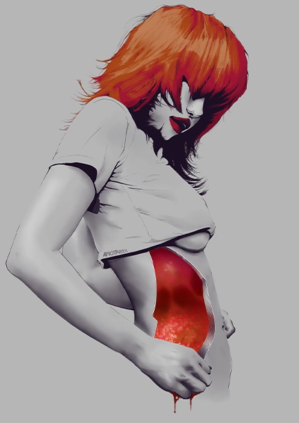 A greyscale illustration with red accents of a girl with red hair and her intestense showing through a sharp angled hole.