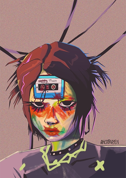 An fan artwork of The Lich, the first antagonist of the game Loop Hero. The upper part of a skeleton, floating, wearing a coat with fluffy collar, and holding a staff in his left hand.