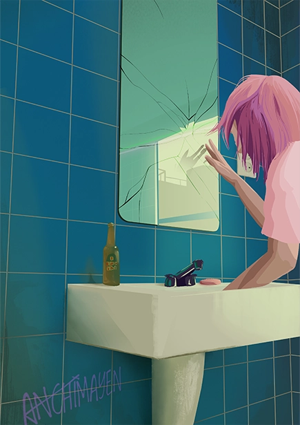 An illustration of a girl standing in a bathroom in front of a mirror. The mirror doesn't show her reflection.