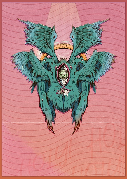 An illustration of a girl with pastel pink hair in a very baggy hoodie and coat. The coat has several different patterns on it. She wears pants with two different color palettes, the left is dark with a tan bottom, the other leg has red white stripes.