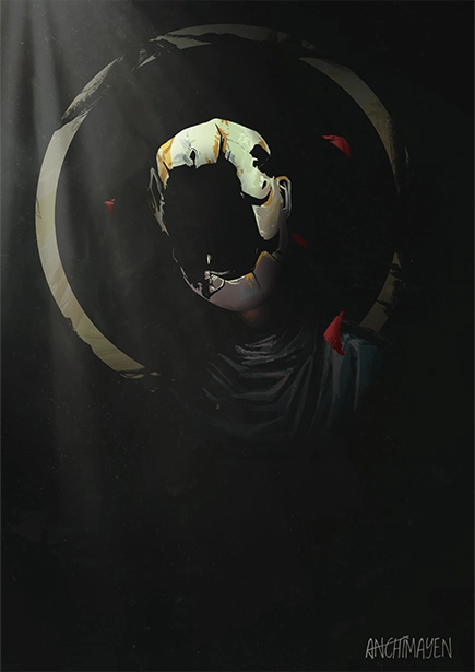 Fan art of the character The Curator from the game Clair Obscur: Expedition 33. It is a very dimly lit scene, making the hollowed face blend seamlessly into the darkness of the rest of the scene. There's a tattered halo around it and some rose petals 