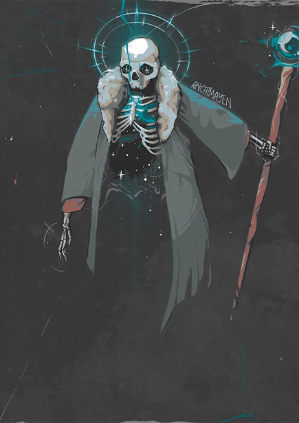 An fan artwork of The Lich, the first antagonist of the game Loop Hero. The upper part of a skeleton, floating, wearing a coat with fluffy collar, and holding a staff in his left hand.